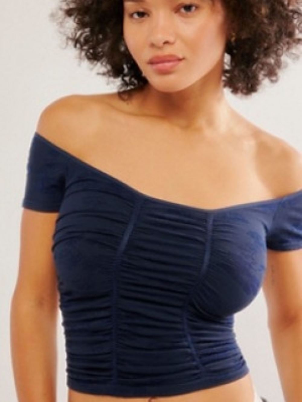 Off-Shoulder Ruched Navy Crop Top